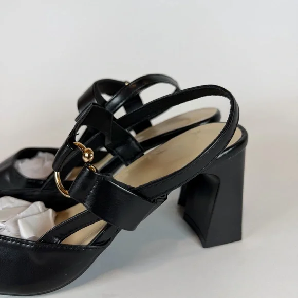 Black Pointed Toe Slingback Pumps High Block Heel | US Size 5.5 / 6 - Picture 2 of 13